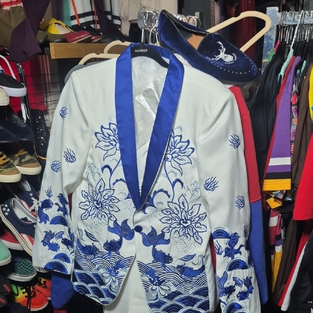 White and Blue Embroidered Blazer